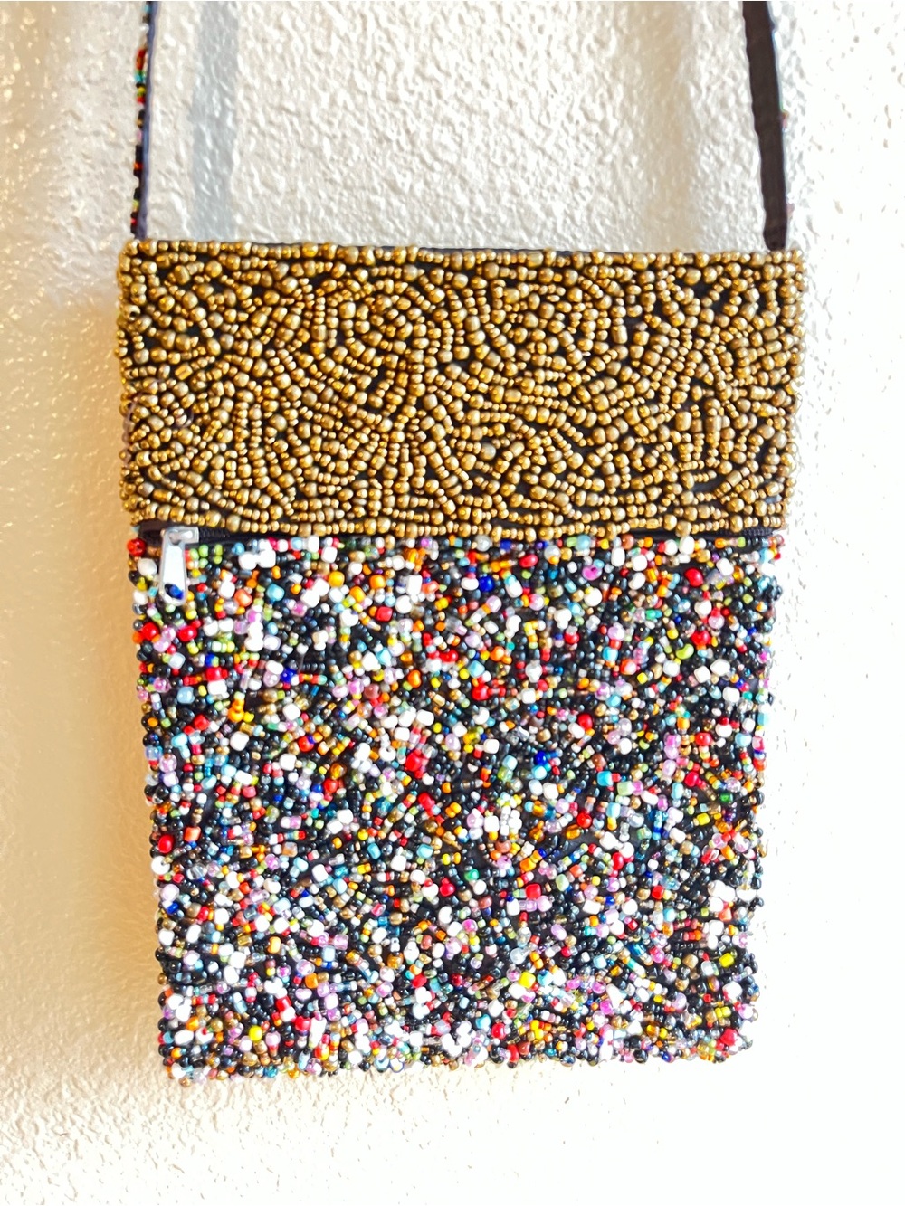 Beaded Crossbody Bag with Gold Bead Trim - Multicolor